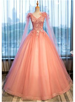 Picture of Pink Sweet 16 Formal Tull Gown with Lace, Pink Prom Dress